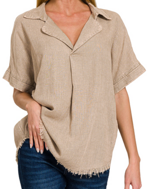 Washed Linen Raw Edge Fringe Top