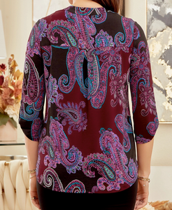 Maroon Paisley Print Wrinkle Free Top - Plus Sizes Included!