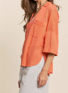 Button Down Mesh Orange Top