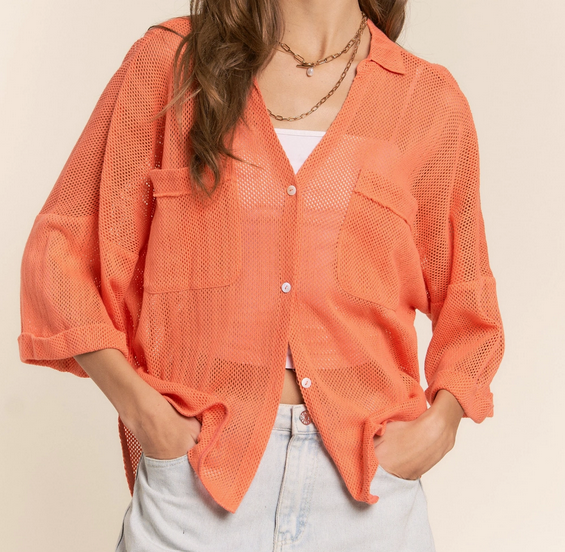 Button Down Mesh Orange Top