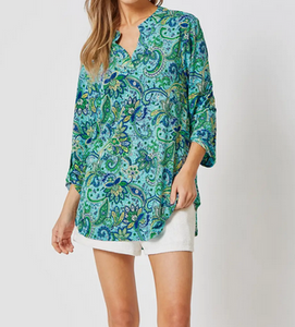 Paisley Blue Print Wrinkle Free Top - Plus Sizes Included!