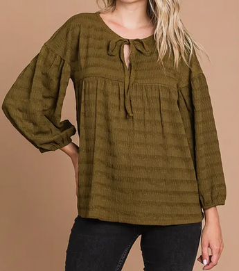 Olive Peasant Top with Tie