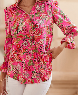 Floral Print Smocked Cuff Puff Sleeve Shirt