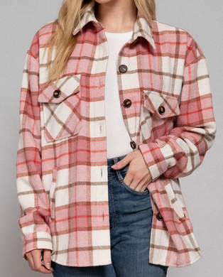 Wool Blend Plaid Jacket - Pink and Khaki