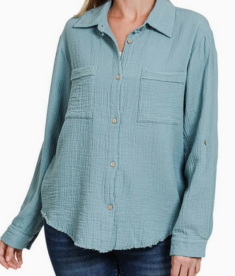 Button-Down Raw Edge Top w/Collar