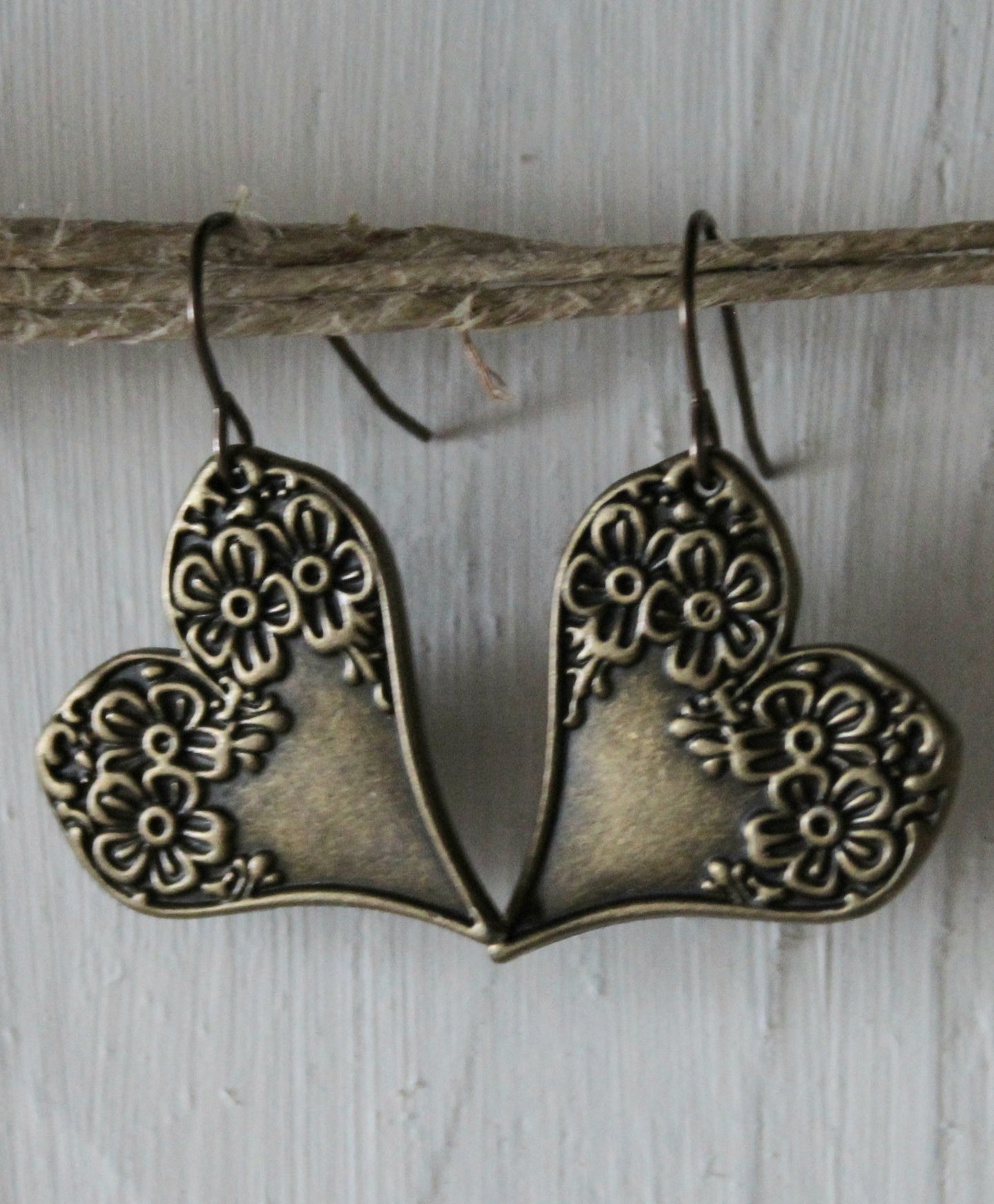 Brass Flower Heart Earrings