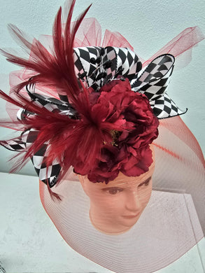 Deep Red with Black White Checkered Fascinator