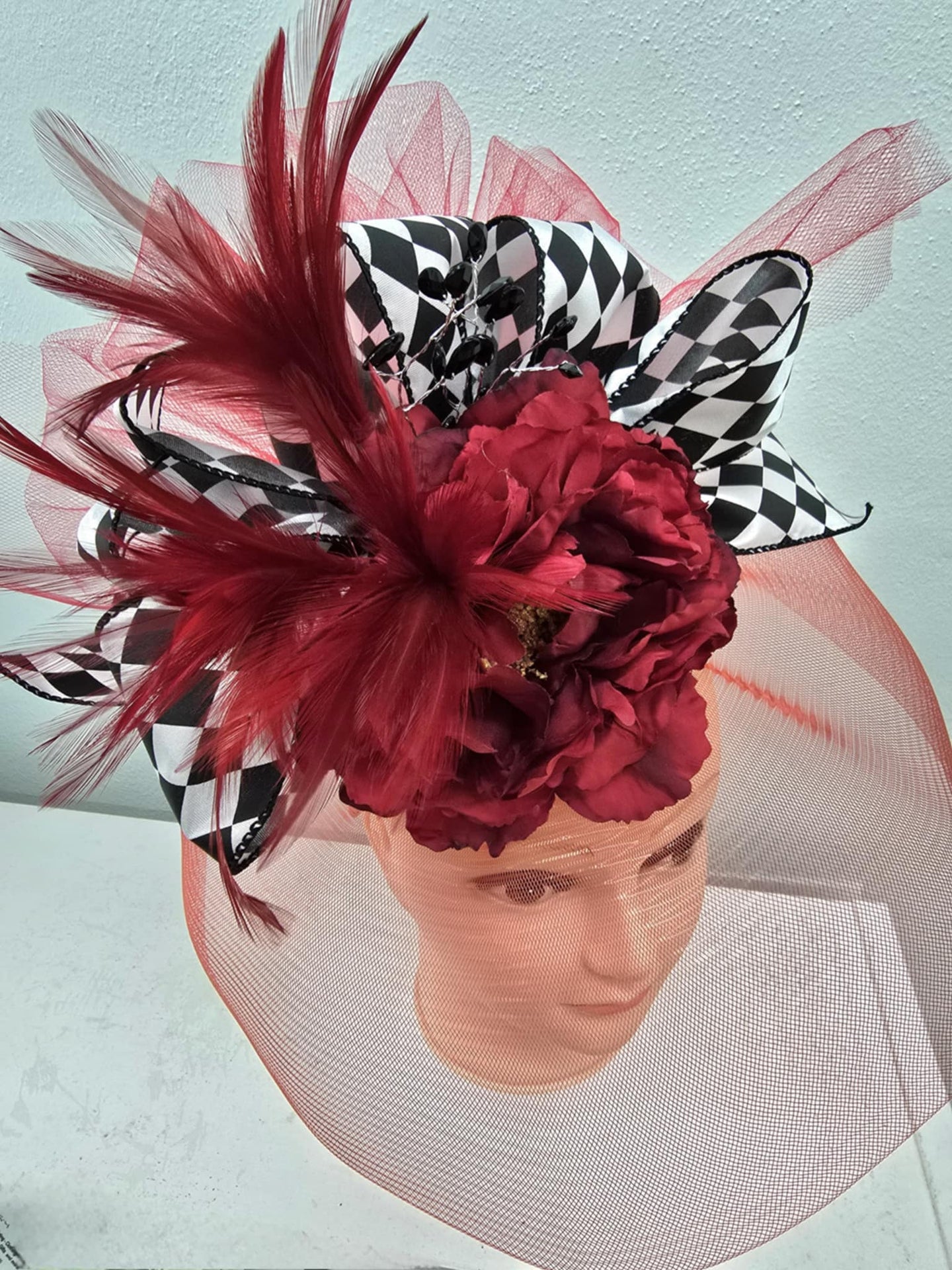 Deep Red with Black White Checkered Fascinator