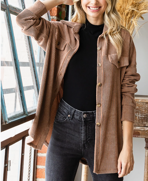 Chestnut Button-Down Ribbed Top / Shacket