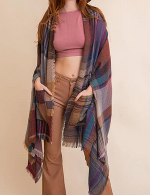 Multicolor Plaid Ruana w/Pockets