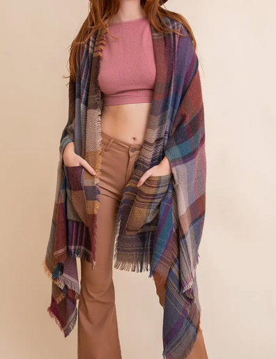 Multicolor Plaid Ruana w/Pockets