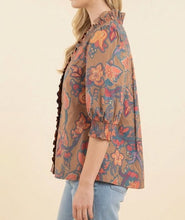Load image into Gallery viewer, Ruffled Paisley V-Neck Blouse with Smocked Cuffs