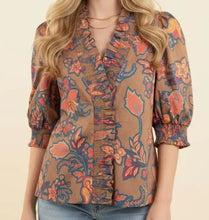 Load image into Gallery viewer, Ruffled Paisley V-Neck Blouse with Smocked Cuffs