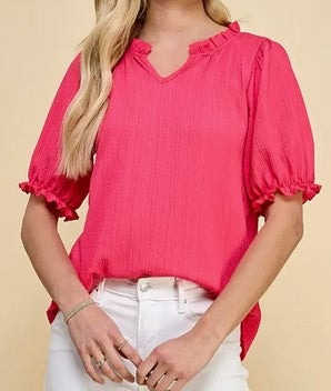 Hot Pink Ruffled Sleeve V-Neck Top