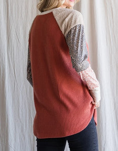 Rust Waffle Top w/ Color Block Long Sleeve