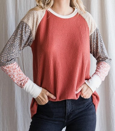 Rust Waffle Top w/ Color Block Long Sleeve