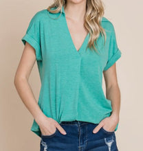 Load image into Gallery viewer, Solid V-Neck Short Sleeve Top w/ Back Button Detail