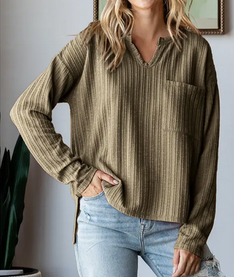 Textured Green V-Neck Long Sleeve Top