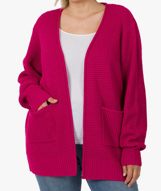 Magenta Waffle Cardigan Sweater - Plus Sizes