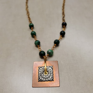 Necklace w/ Green Beads and Copper Charm