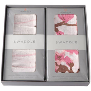 Pink Stripe and Cherry Blosom Swaddle Blanket Gift Set