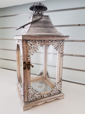 Iron/Wood Lantern, White/Gray