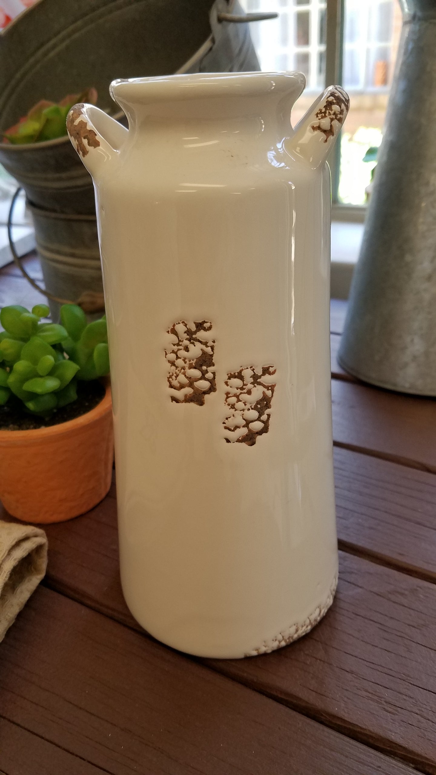 White Ceramic Jug with Rust Accents