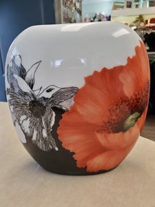 Hand-Painted Orange and Black Floral Vase