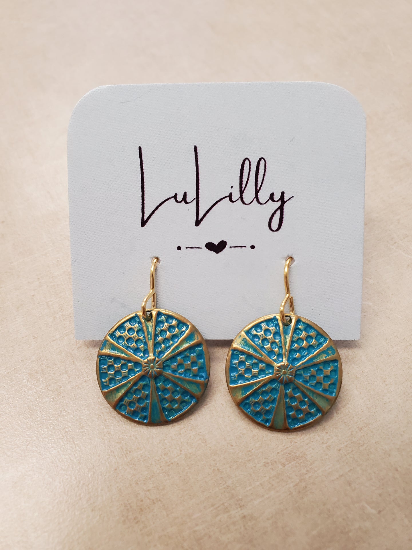 Teal and Gold Round Pendant Earrings