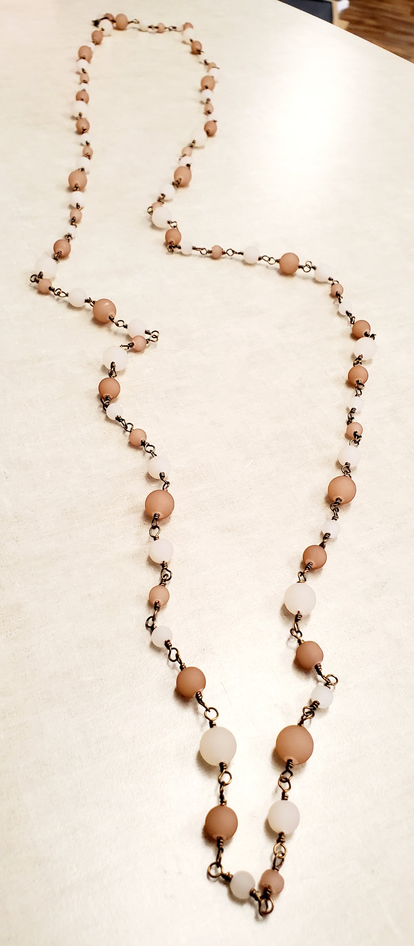Extra Long - Soft White and Taupe Beaded Necklace