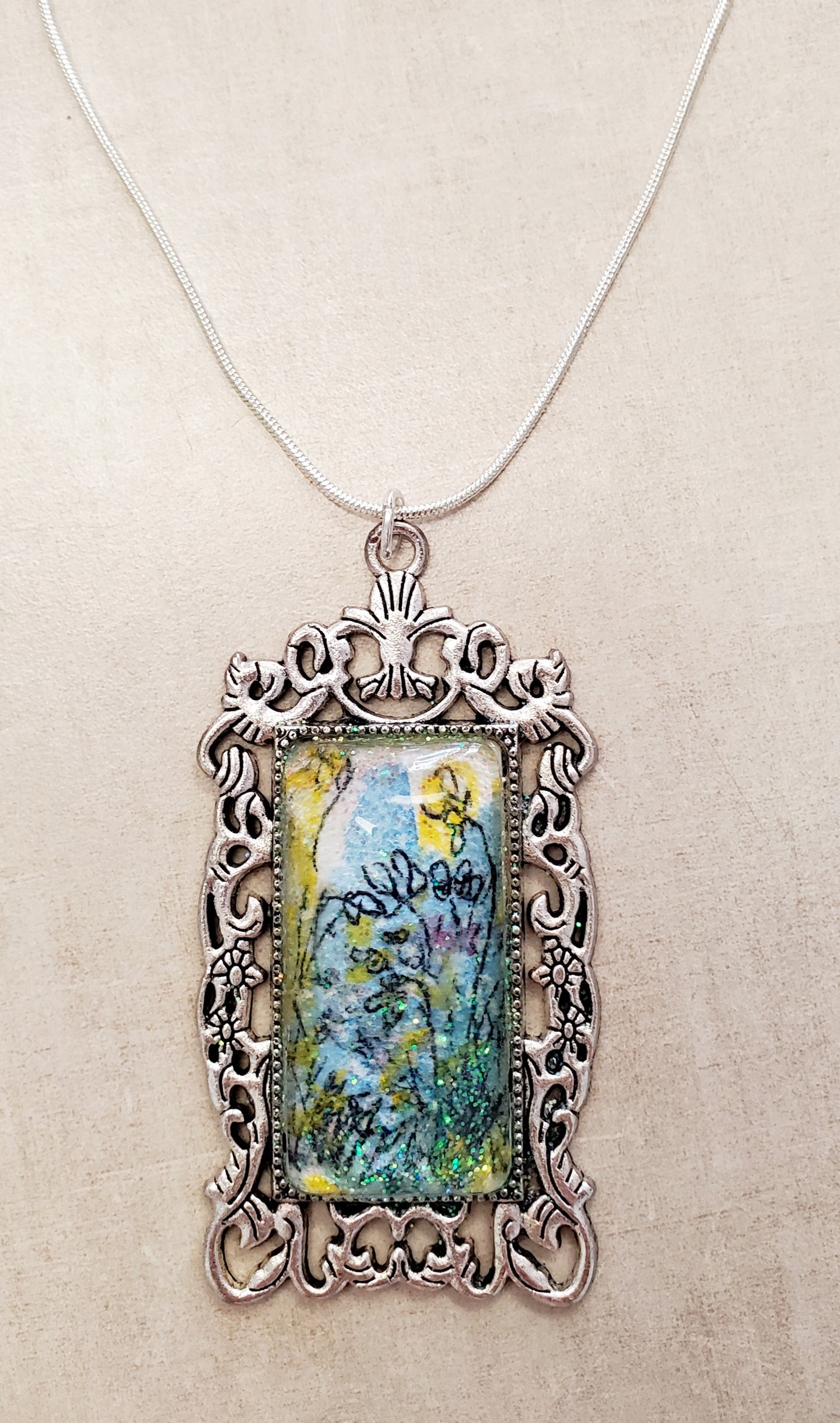 Hand-Painted Blue and Yellow Floral Necklace