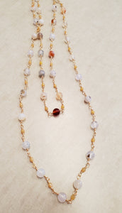 Extra Long - White and Taupe Beaded Necklace
