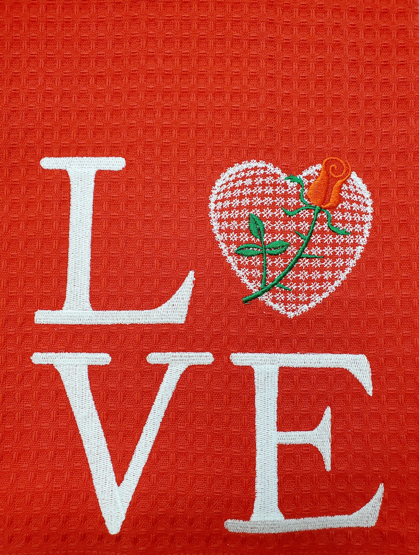 LOVE on Red Embroidered Tea Towel
