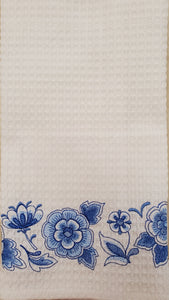 Blue Flowers Embroidered Tea Towel