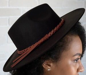Black Wide Brim Fedora Hat w/ Braided Trim