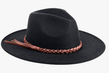 Load image into Gallery viewer, Black Wide Brim Fedora Hat w/ Braided Trim