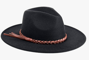 Black Wide Brim Fedora Hat w/ Braided Trim
