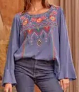 Embroidered Placid Blue Long Sleeve Top
