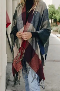 Check Ruana Wrap w/ Tassel Trim