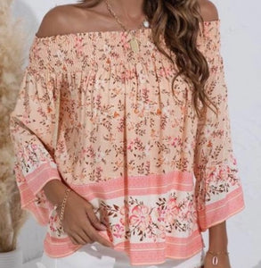 Sweet Floral Print Blouse - Smocked Off Shoulder