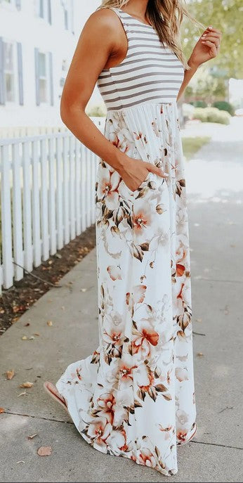 Striped Floral Maxi Dress - One Left!