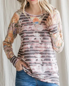 Floral Striped Mixed Print Long Sleeve Top