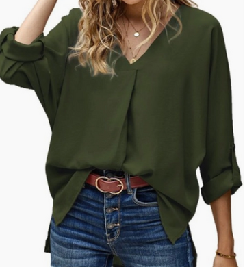 Dark Green V-Neck Long Sleeve Top